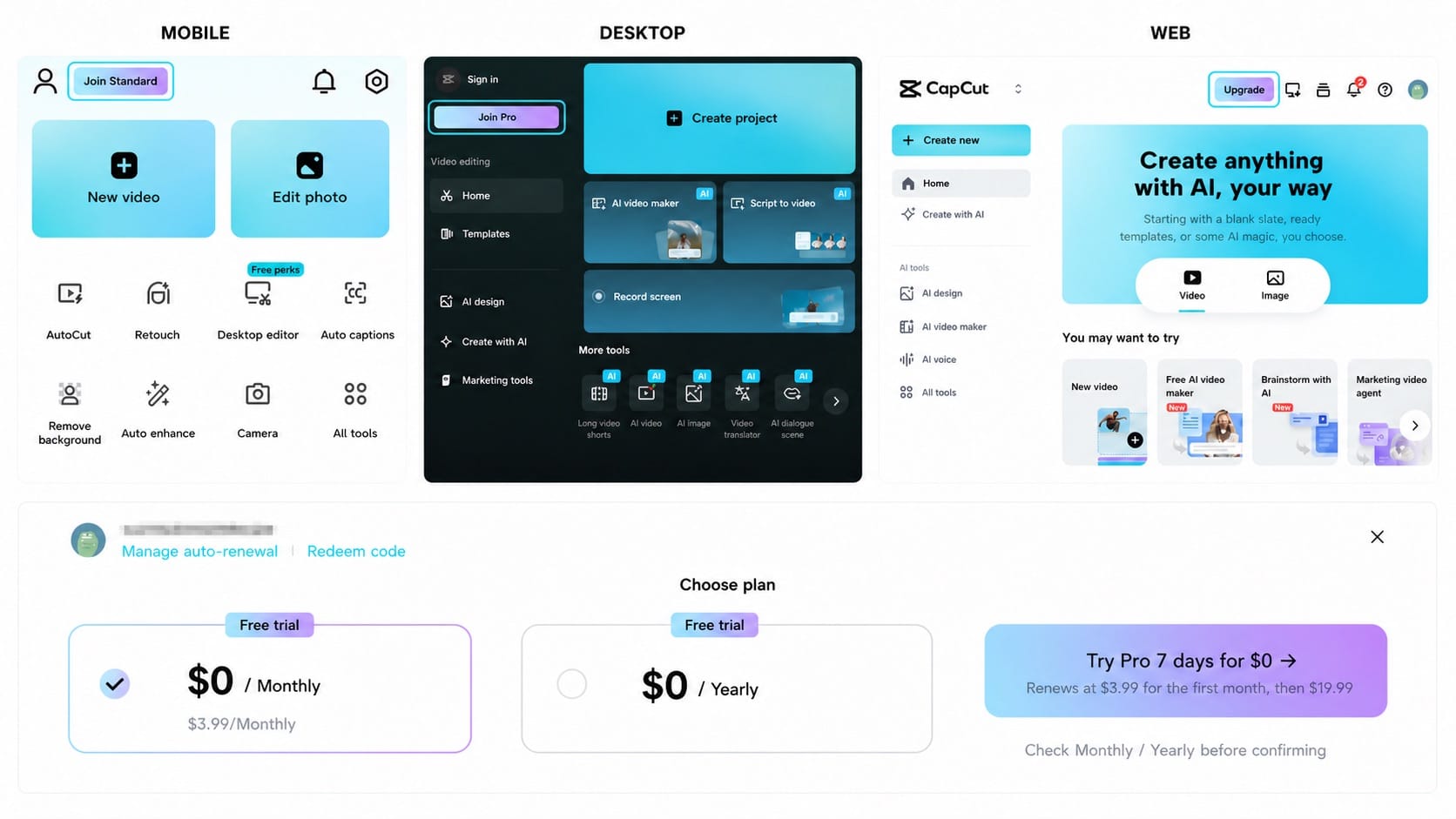 Starting the CapCut Pro free trial on mobile, desktop and web