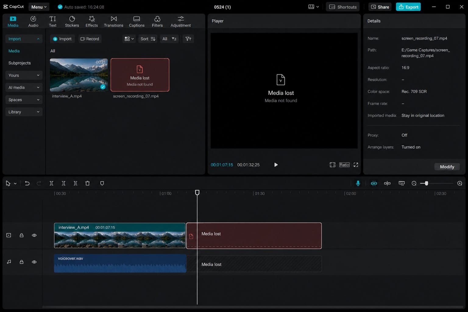 CapCut showing a black screen when the source file is missing