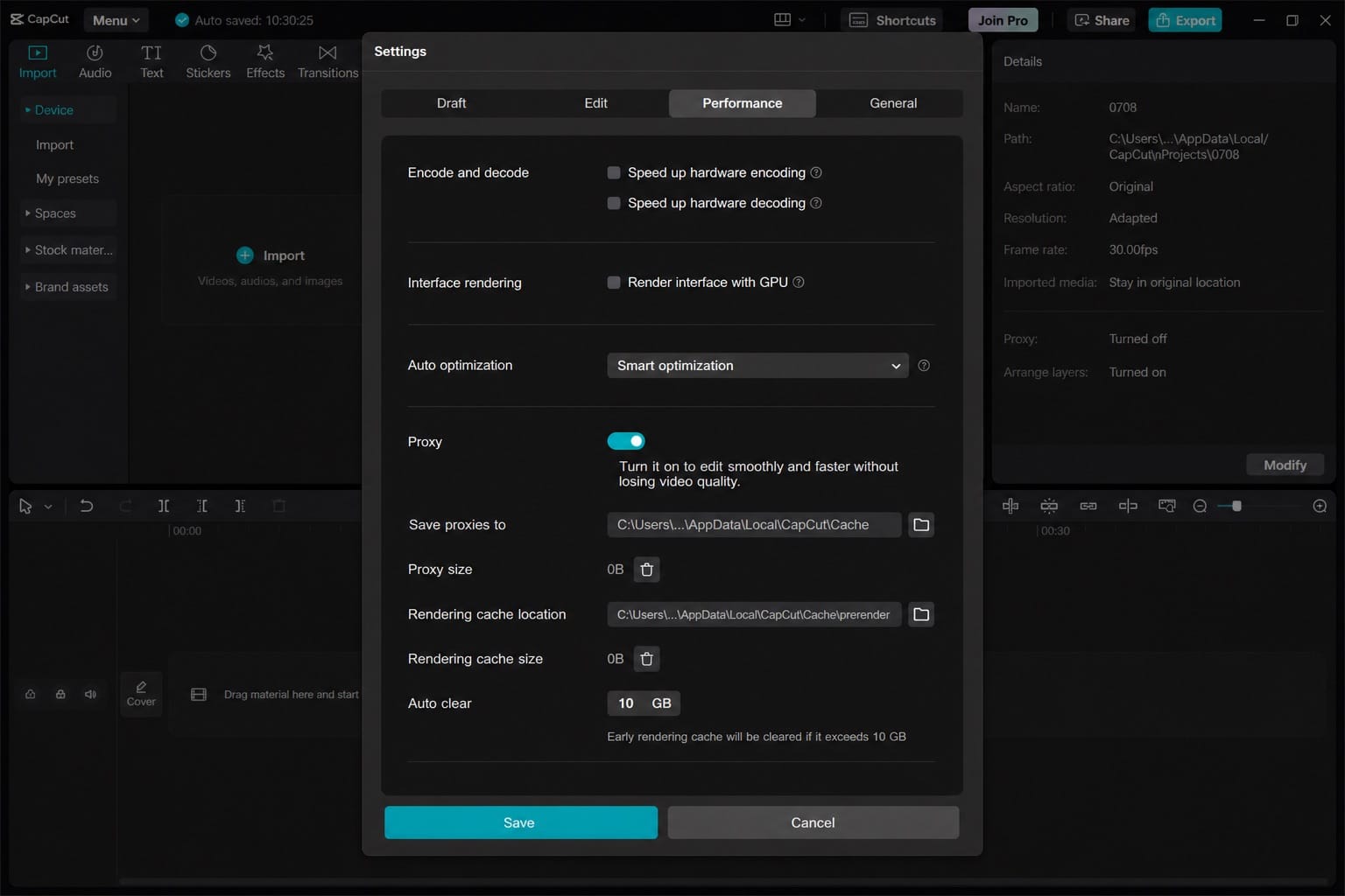 CapCut performance settings on Windows