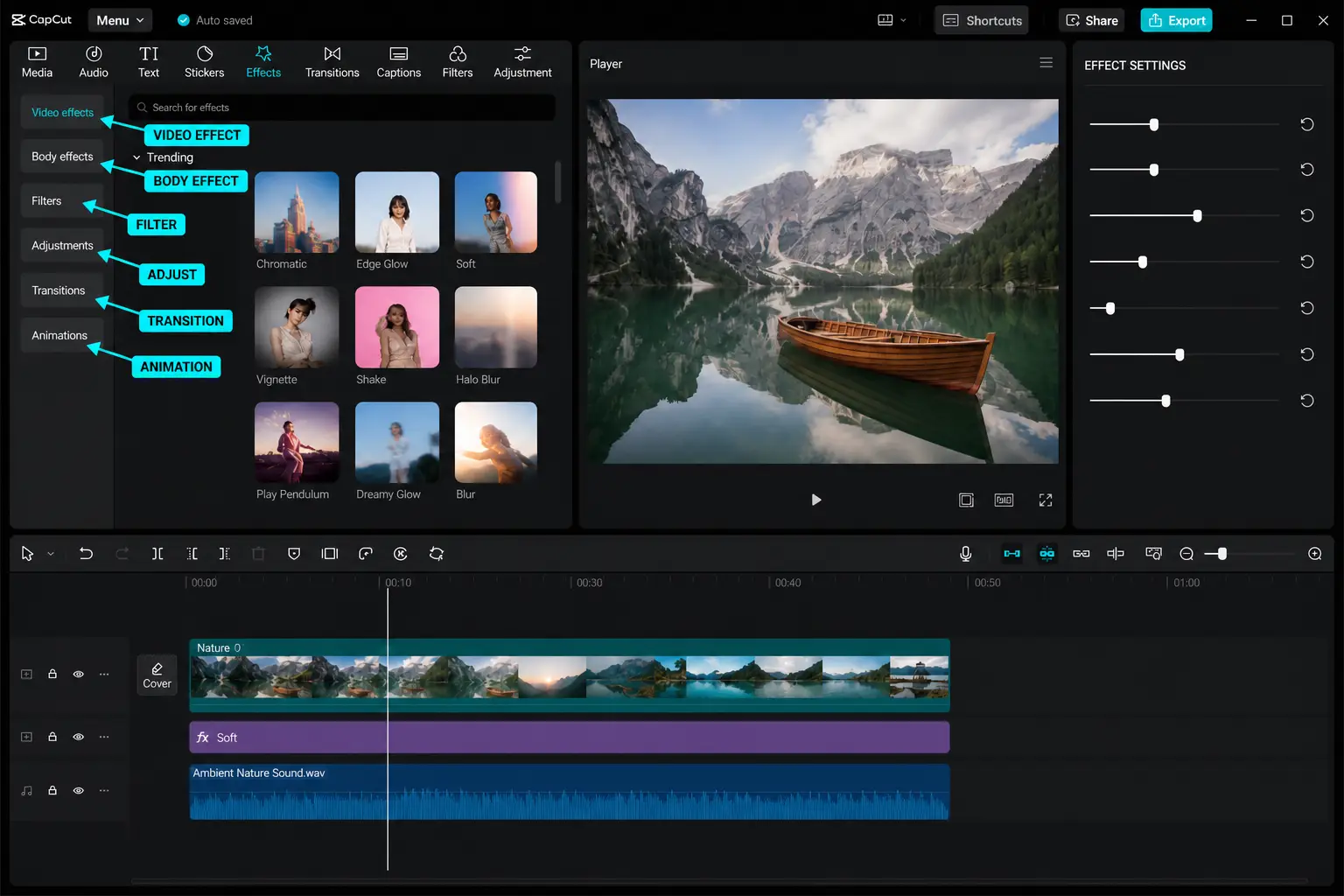 CapCut Effects library with video body filter adjustment transition and animation categories