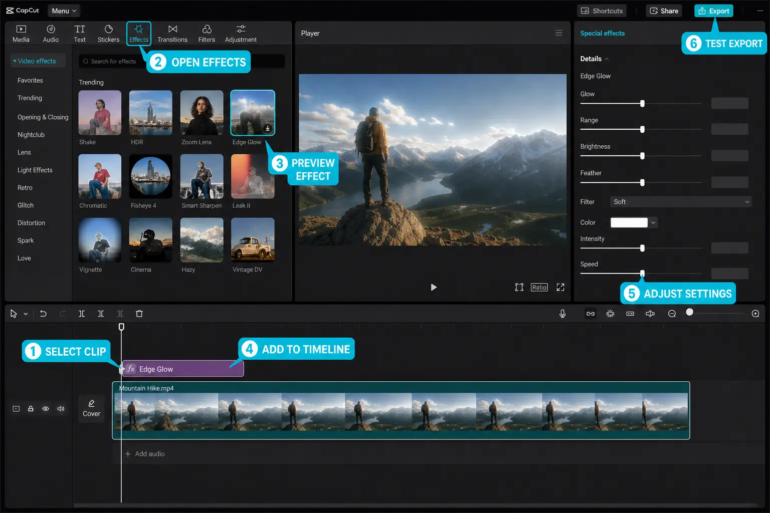 CapCut workflow for selecting previewing applying and adjusting a video effect