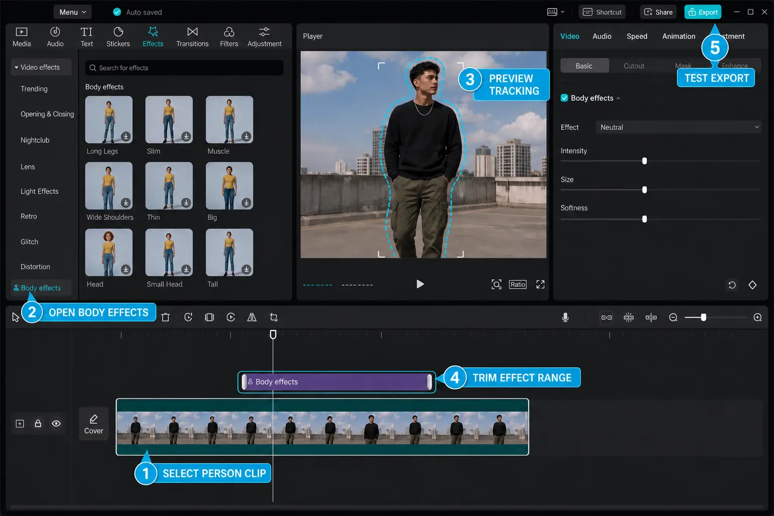 CapCut Body effects workflow with person clip tracking preview and effect range
