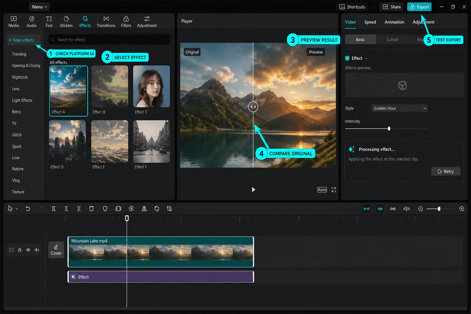CapCut effect test with platform check before and after preview and export