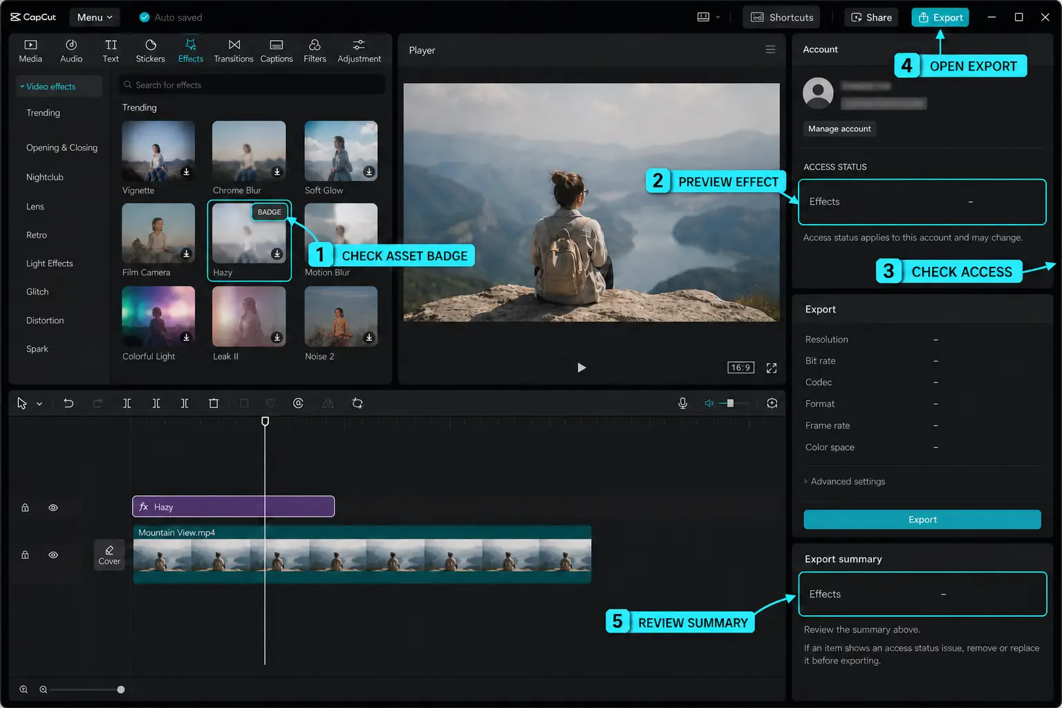 CapCut asset badge access status and export summary checks for an effect