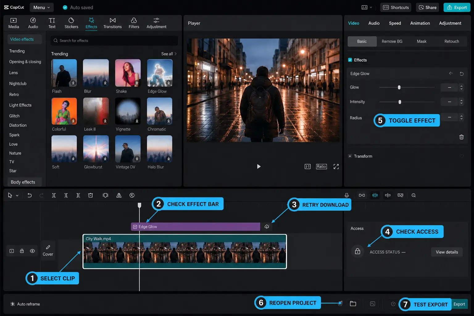 CapCut effect troubleshooting controls for clip range download access preview and export