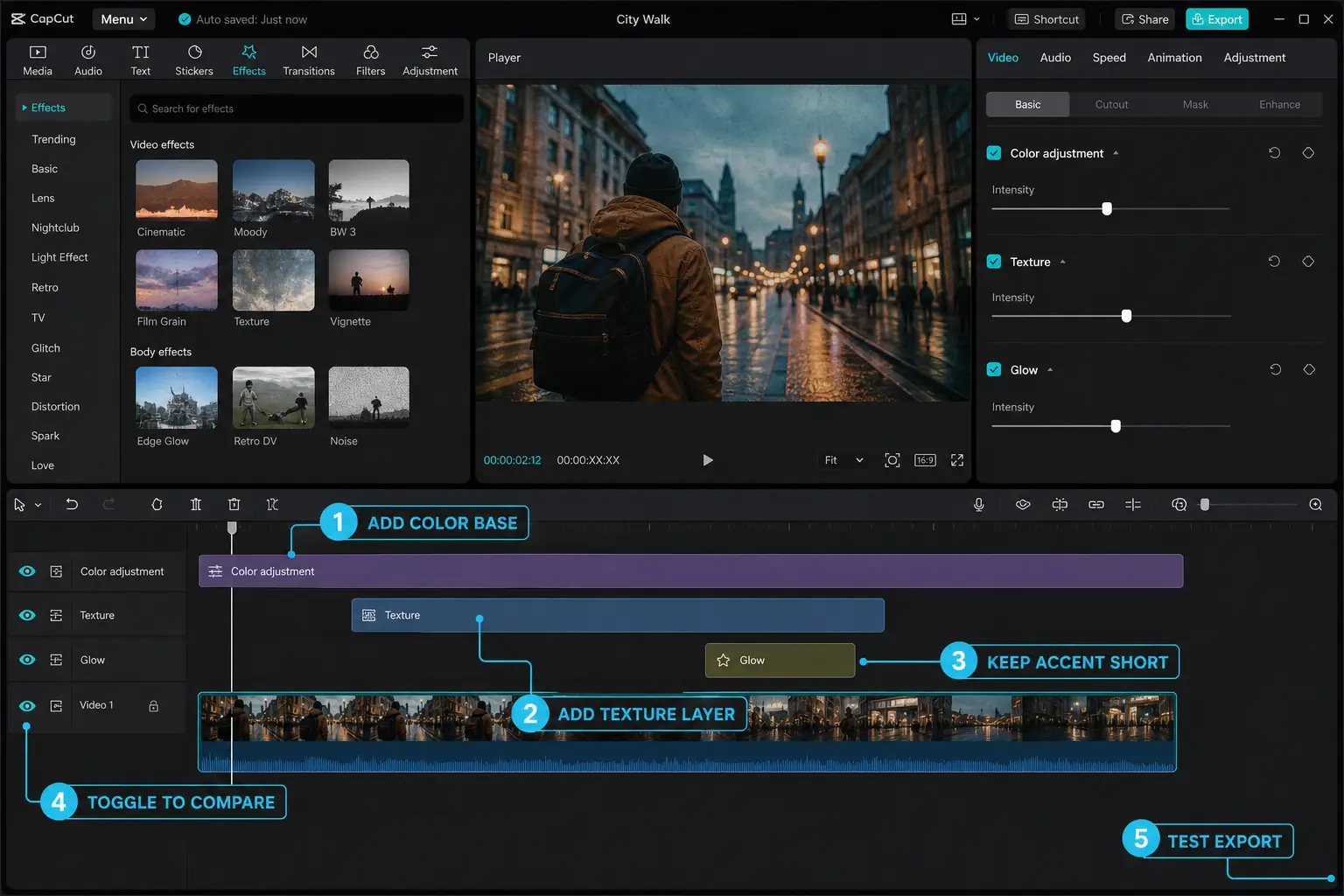 CapCut timeline stacking color texture and accent effect layers