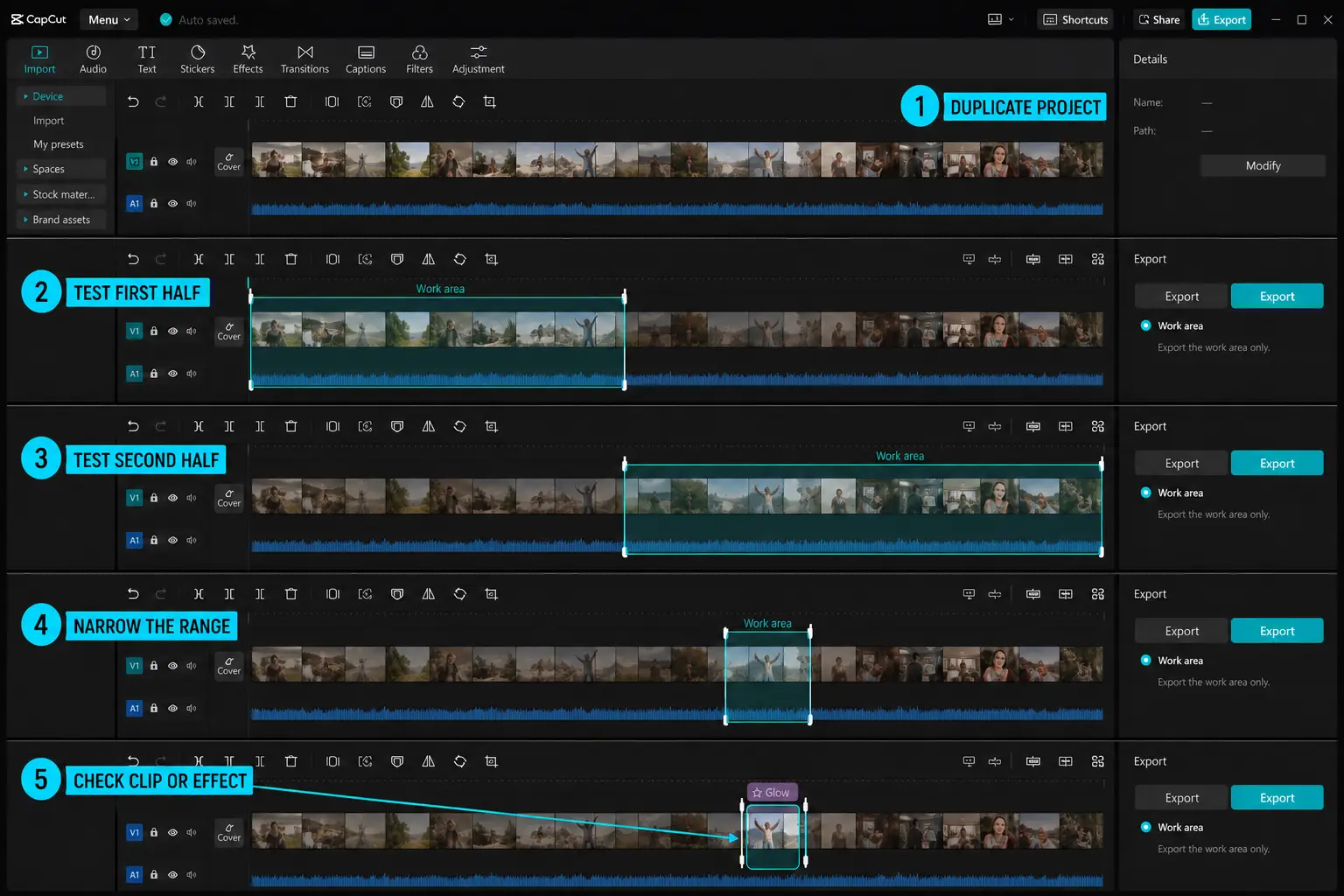 CapCut work area tests narrowing an export failure to a timeline clip or effect