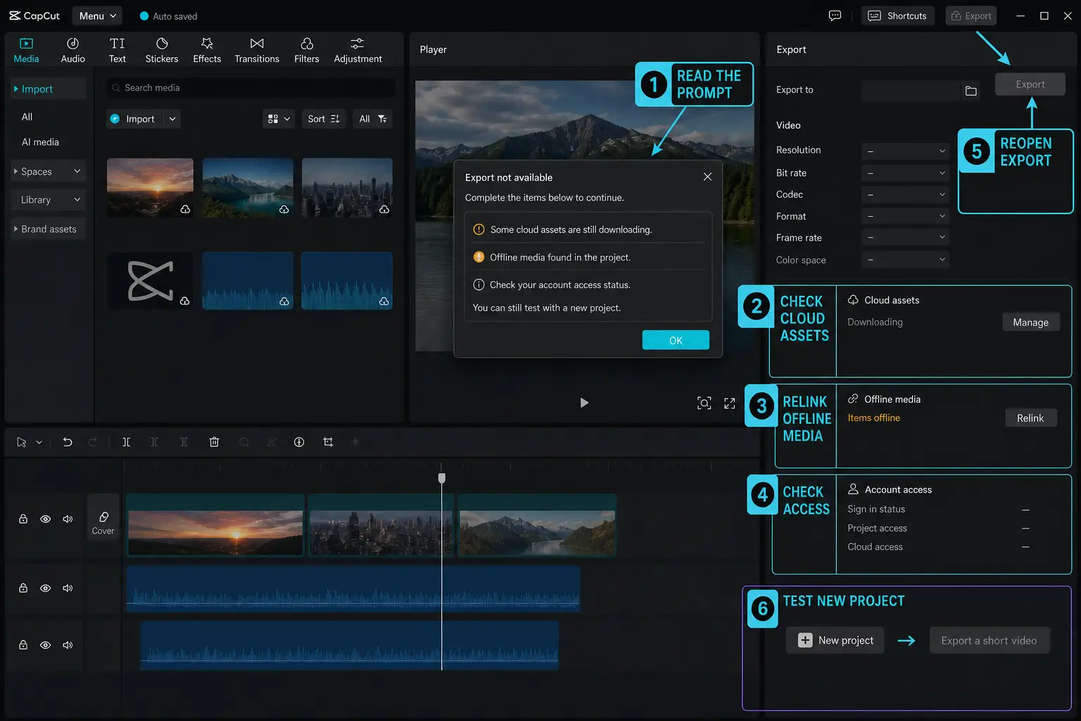 CapCut export button checks for prompts cloud assets offline media and access