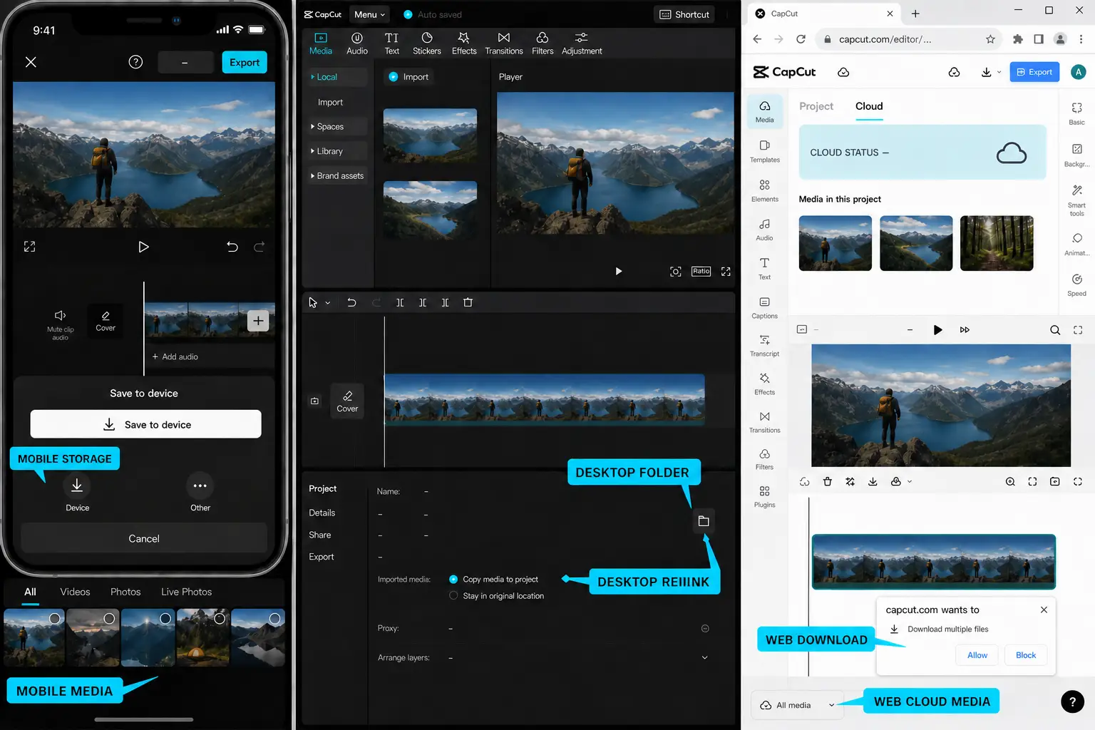 CapCut export troubleshooting controls on mobile desktop and web