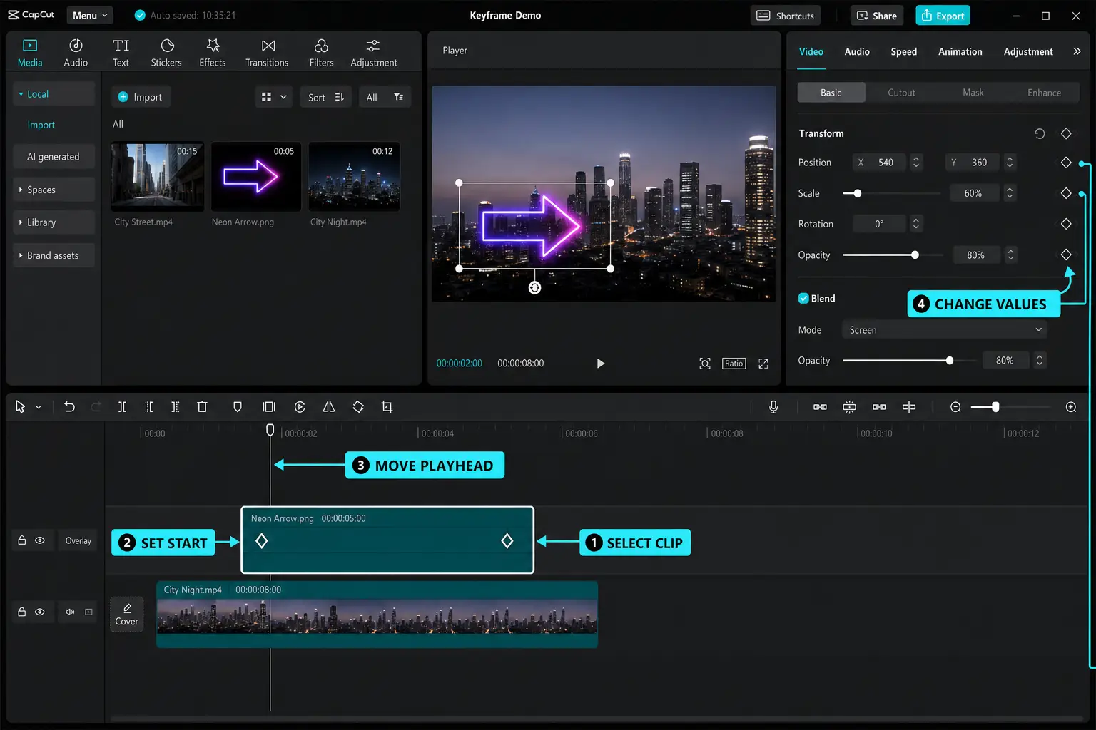 CapCut keyframe controls for setting start and end transform values