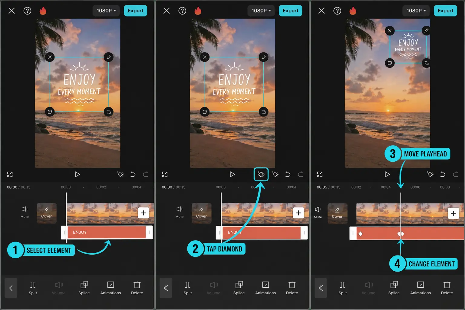 CapCut Mobile steps to select an element and add two keyframes