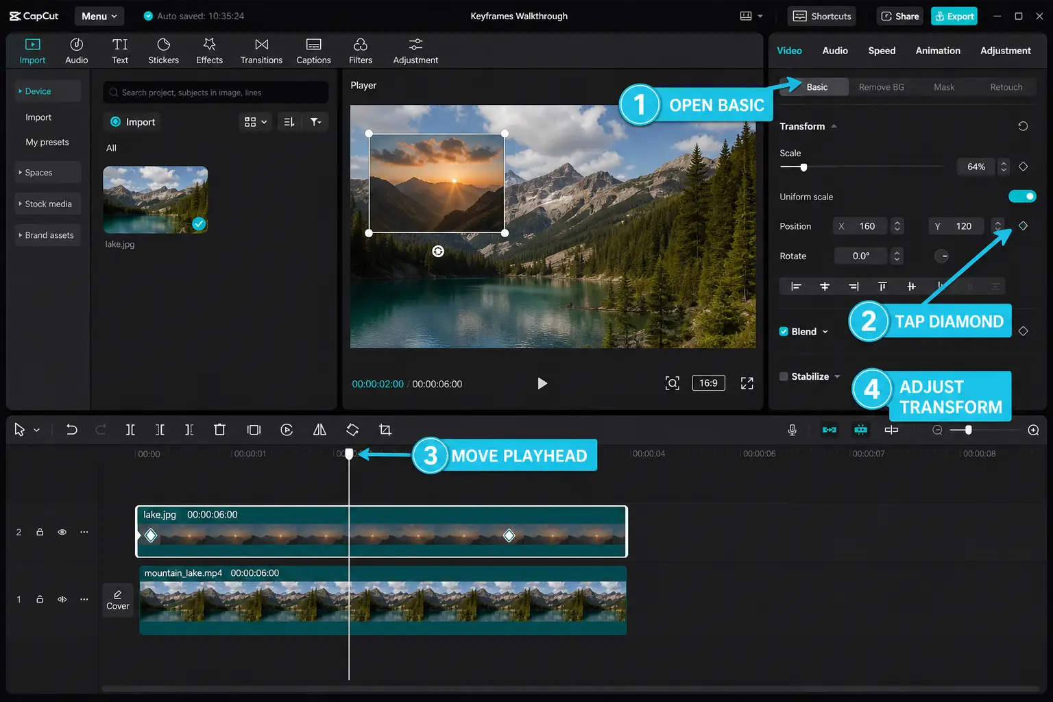 CapCut Desktop keyframe workflow in the Basic transform panel and timeline
