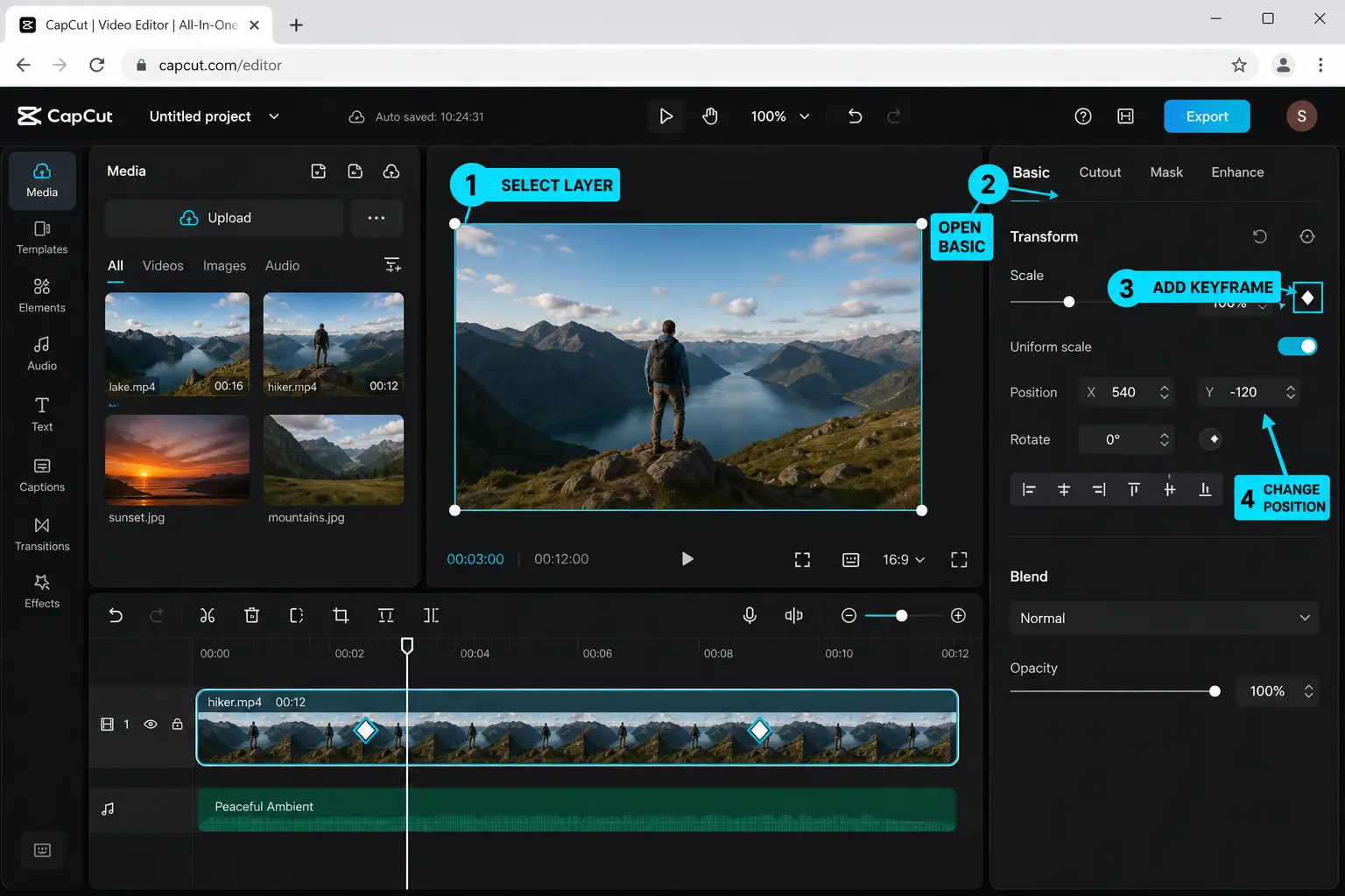 CapCut Online keyframes in the browser editor Basic transform panel