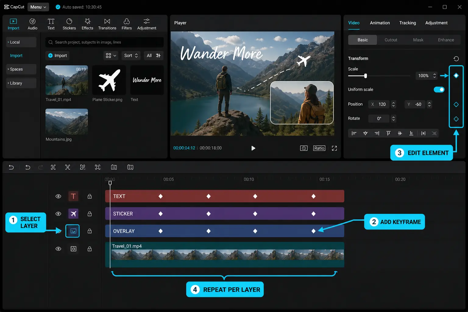 Separate CapCut keyframe tracks for text stickers and overlays