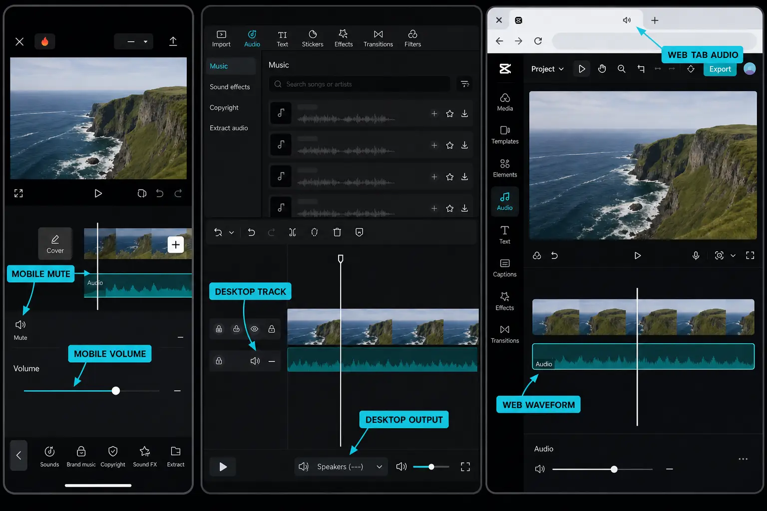 CapCut audio controls to check on mobile desktop and web editors