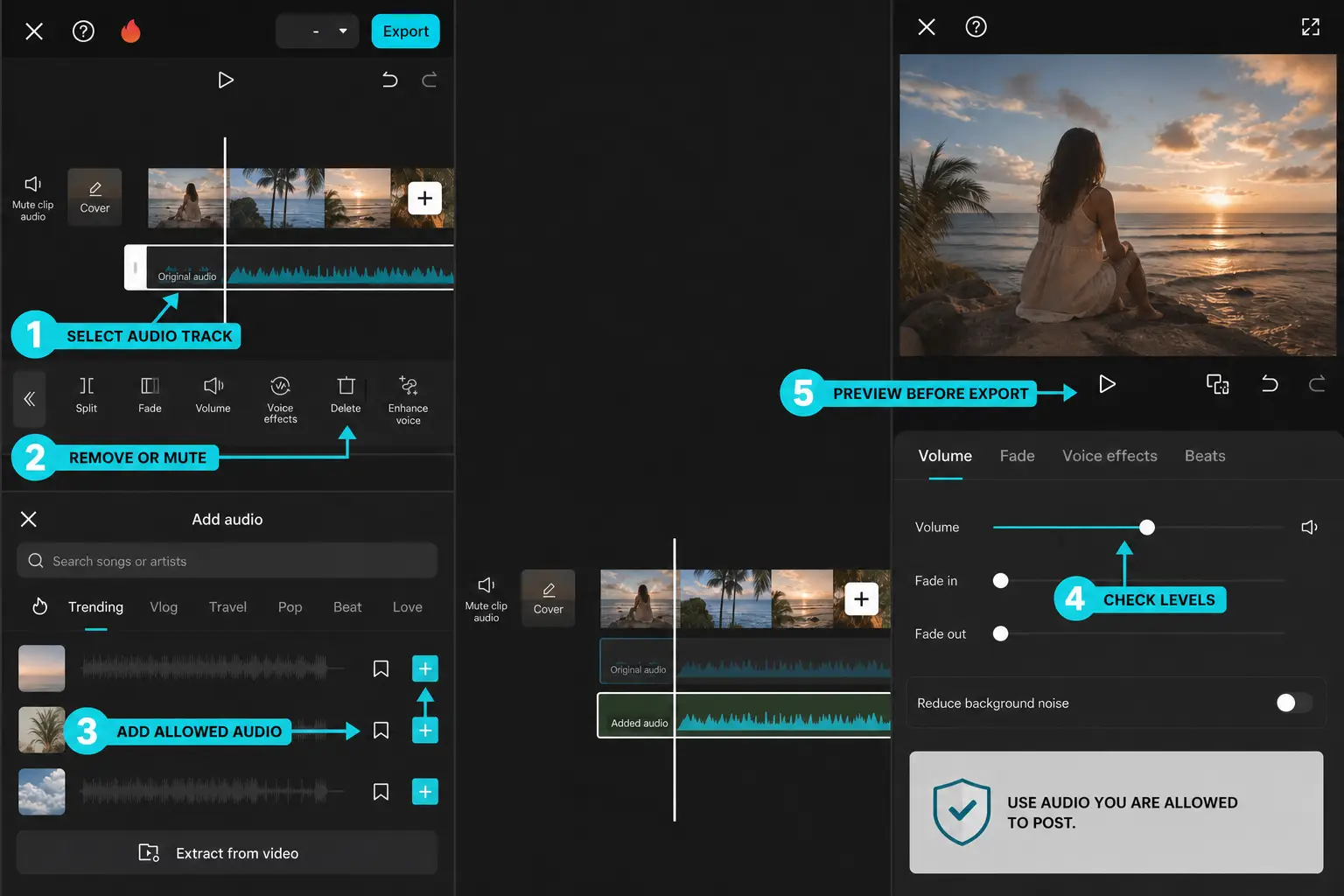 CapCut template audio workflow for replacing muted music and checking levels
