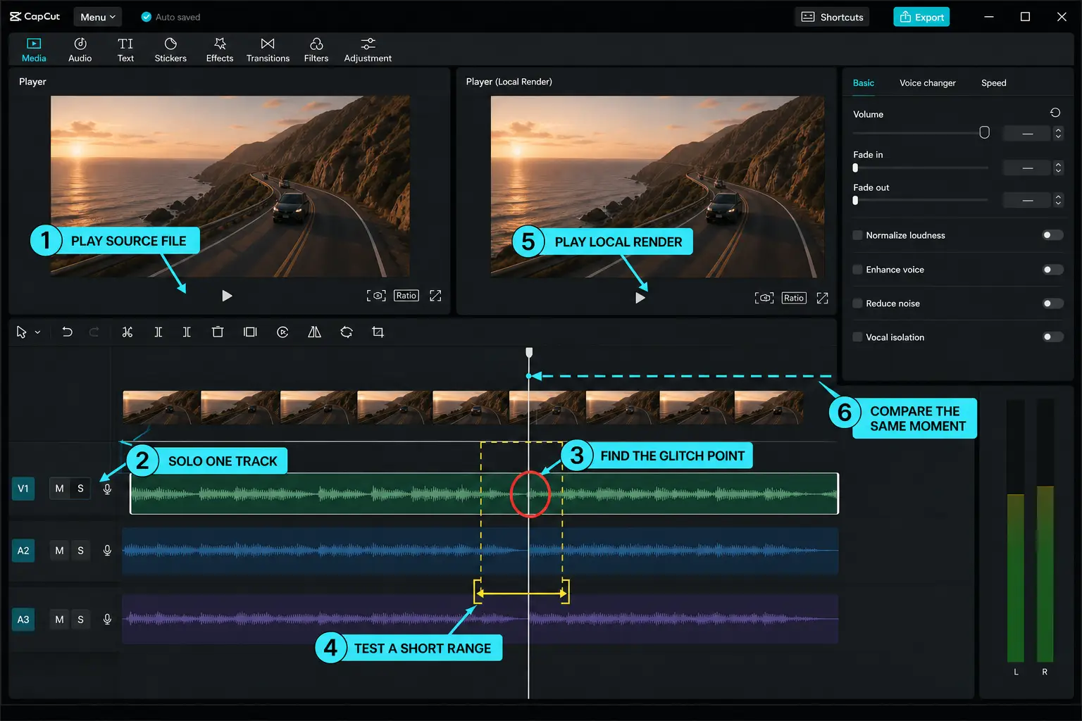 CapCut timeline workflow for isolating an audio glitch and comparing the local render