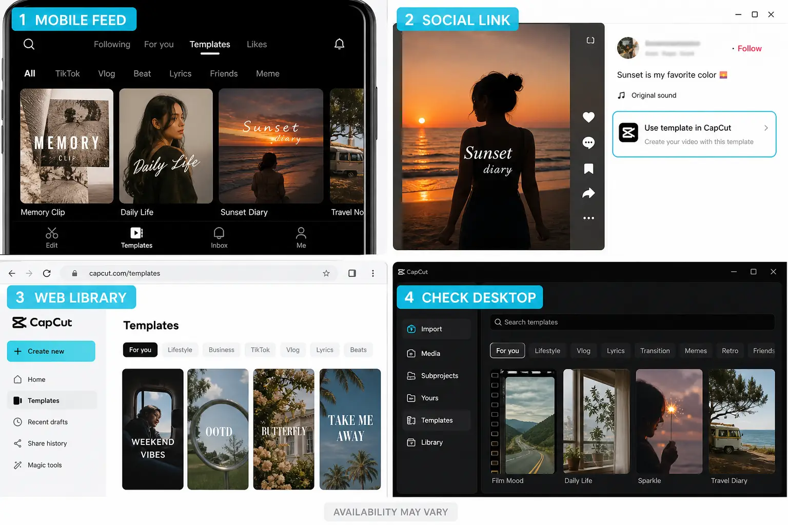 CapCut template discovery interfaces on mobile social web and desktop
