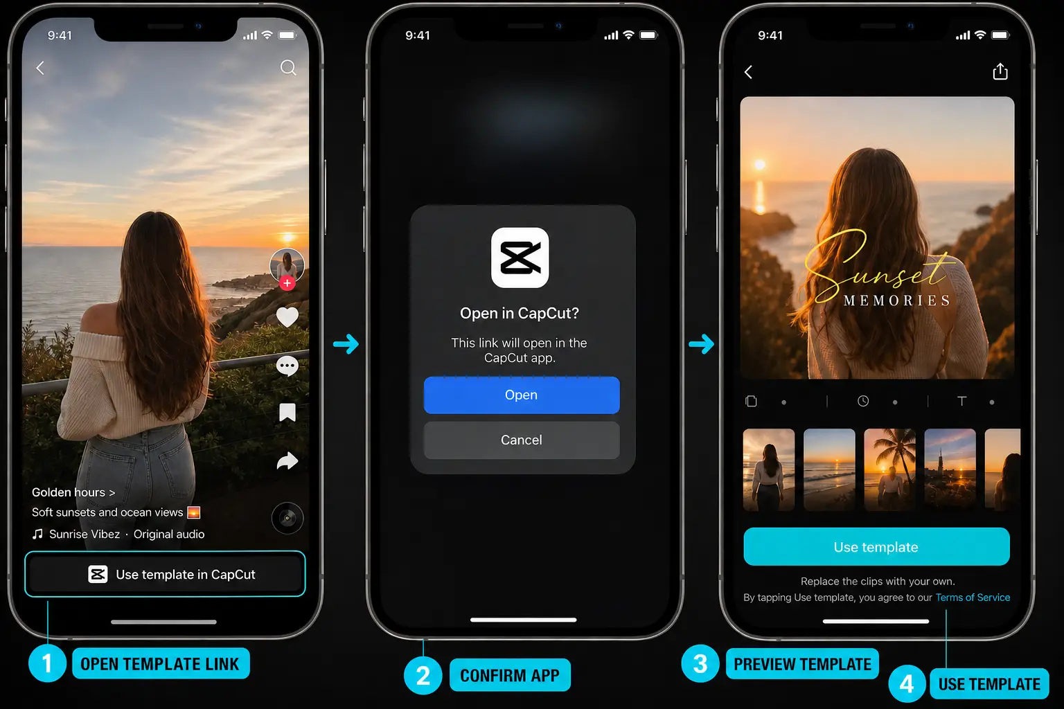 Mobile workflow for opening a social video template link in CapCut