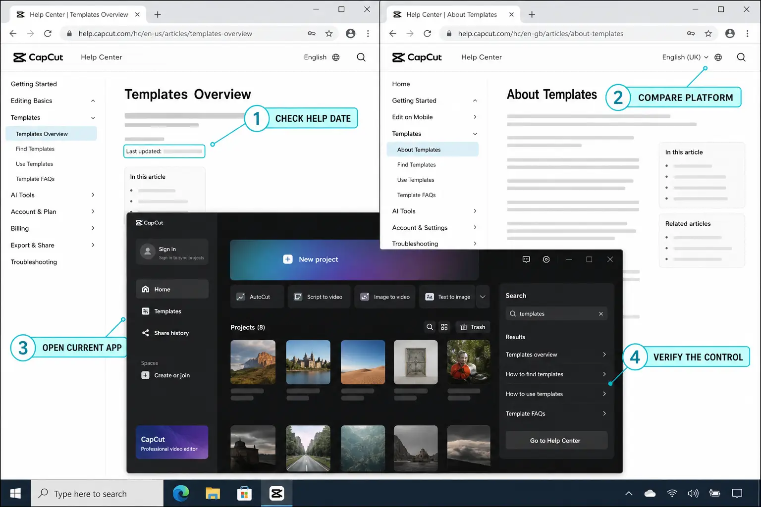 CapCut help pages and current desktop app checked for template controls