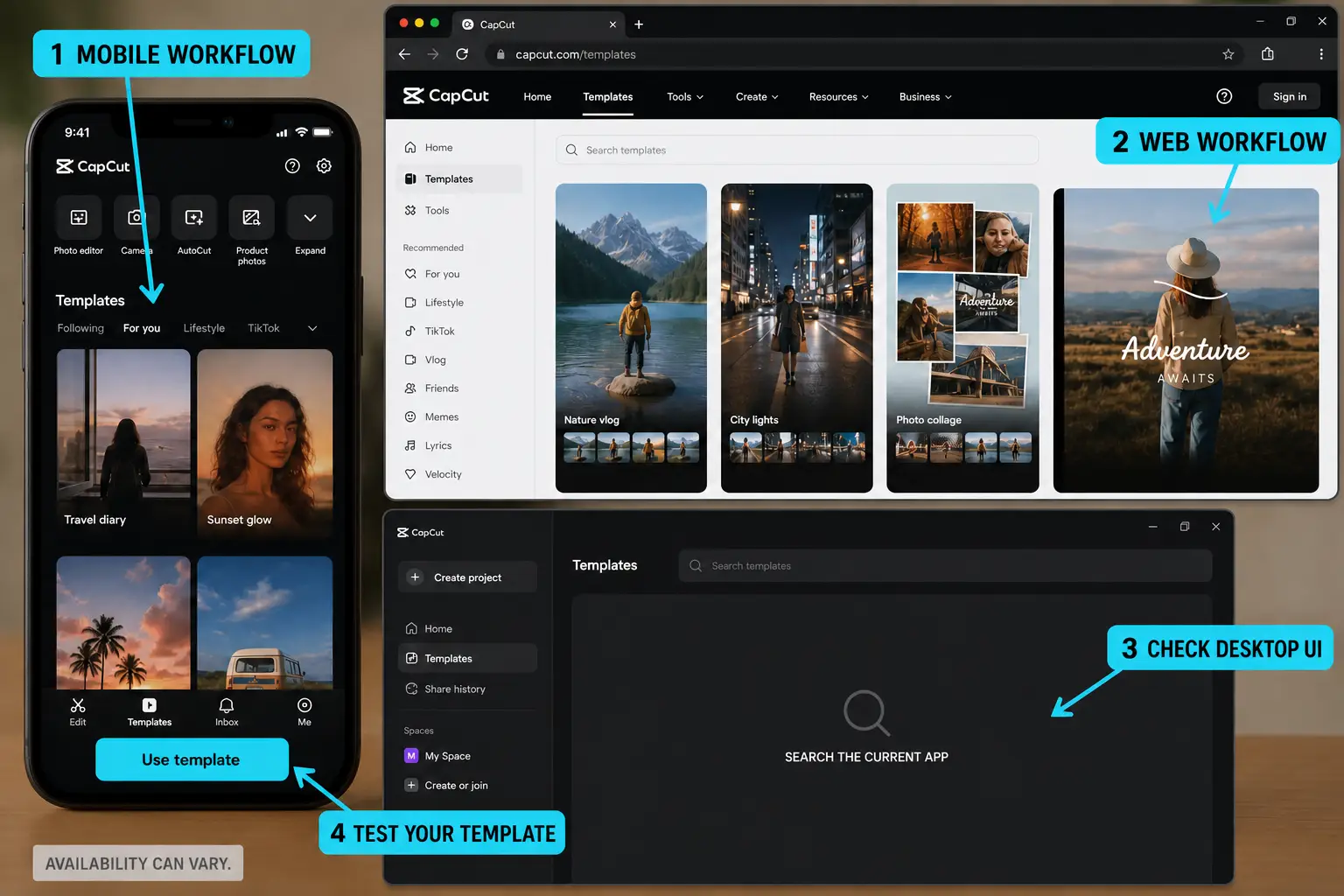 CapCut template workflows compared across mobile web and desktop interfaces