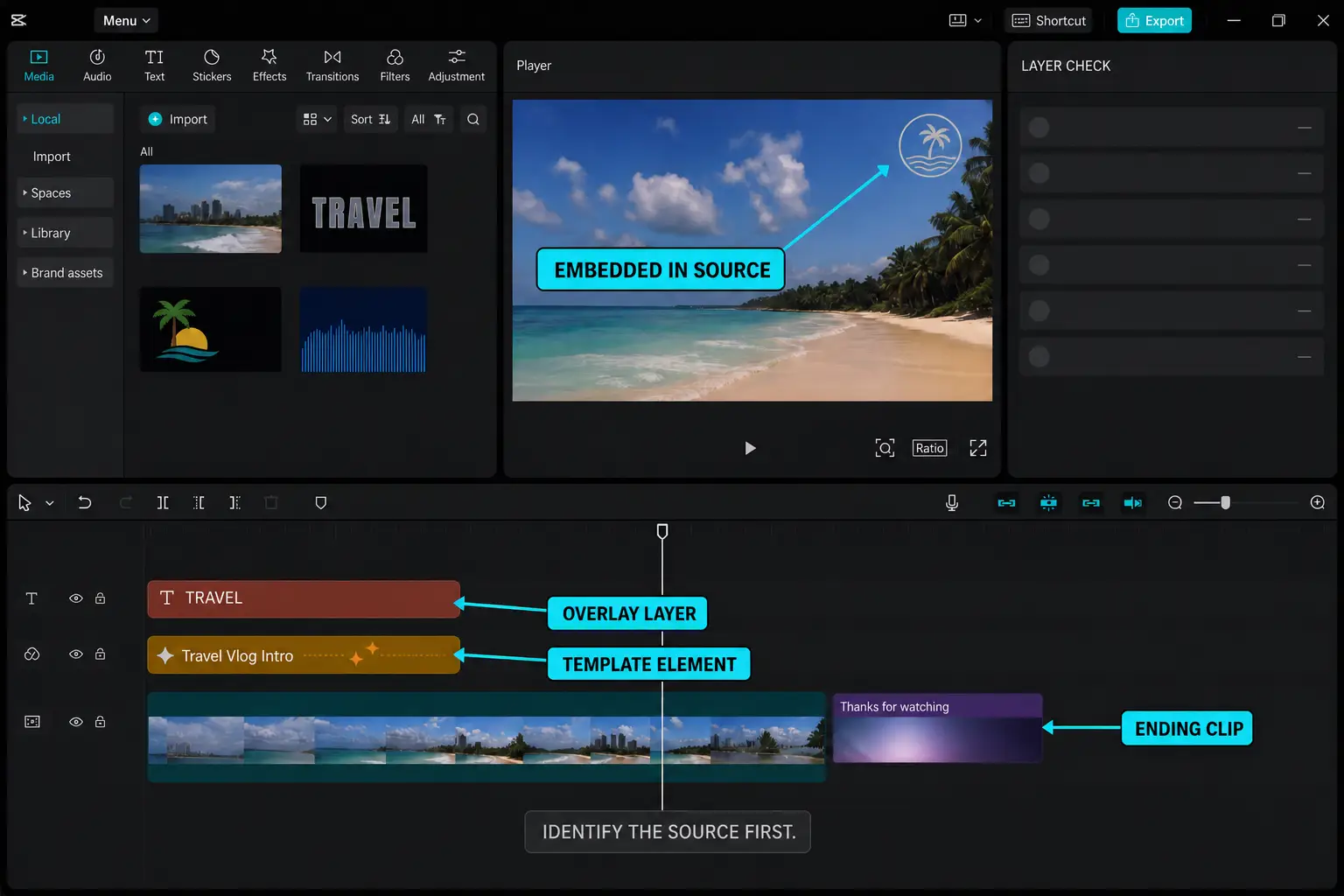 CapCut timeline sources for an ending clip overlay template element or embedded mark