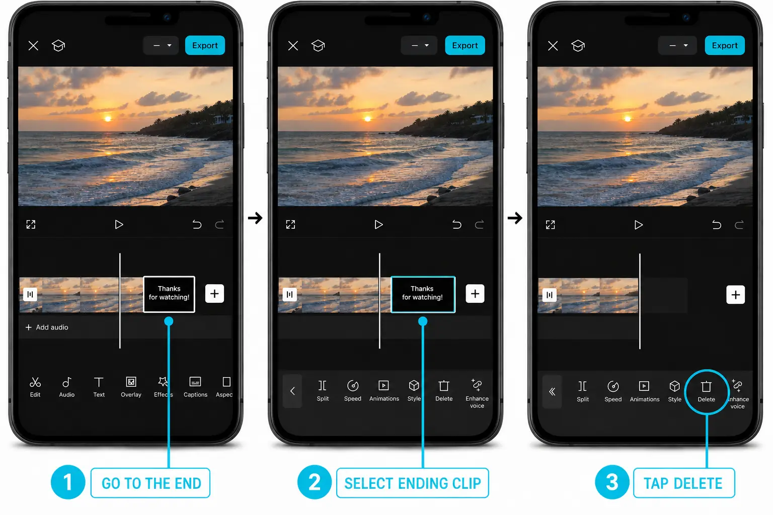 CapCut Mobile steps to select and delete an unwanted ending clip