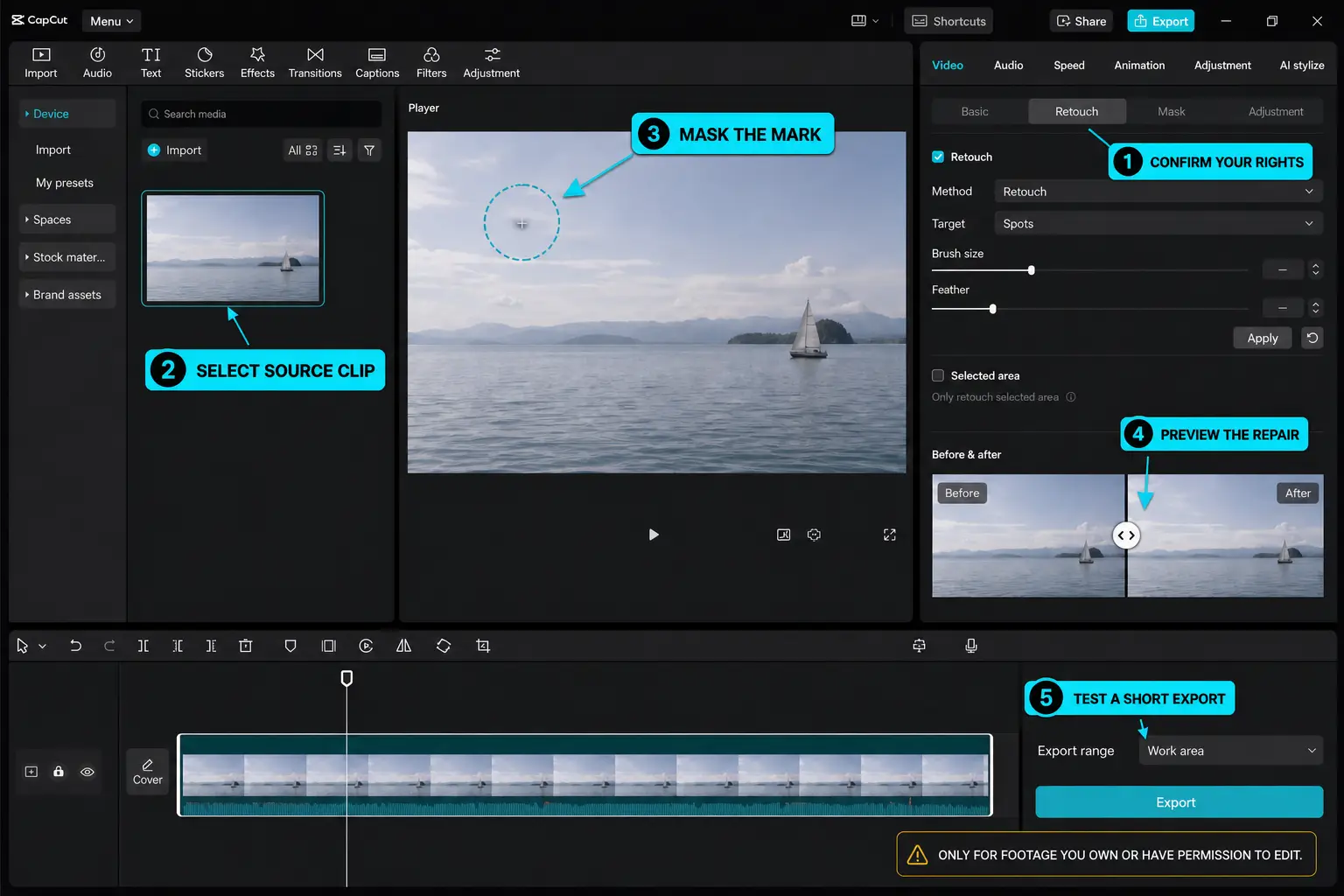 CapCut retouch workflow for an unwanted mark in authorized footage