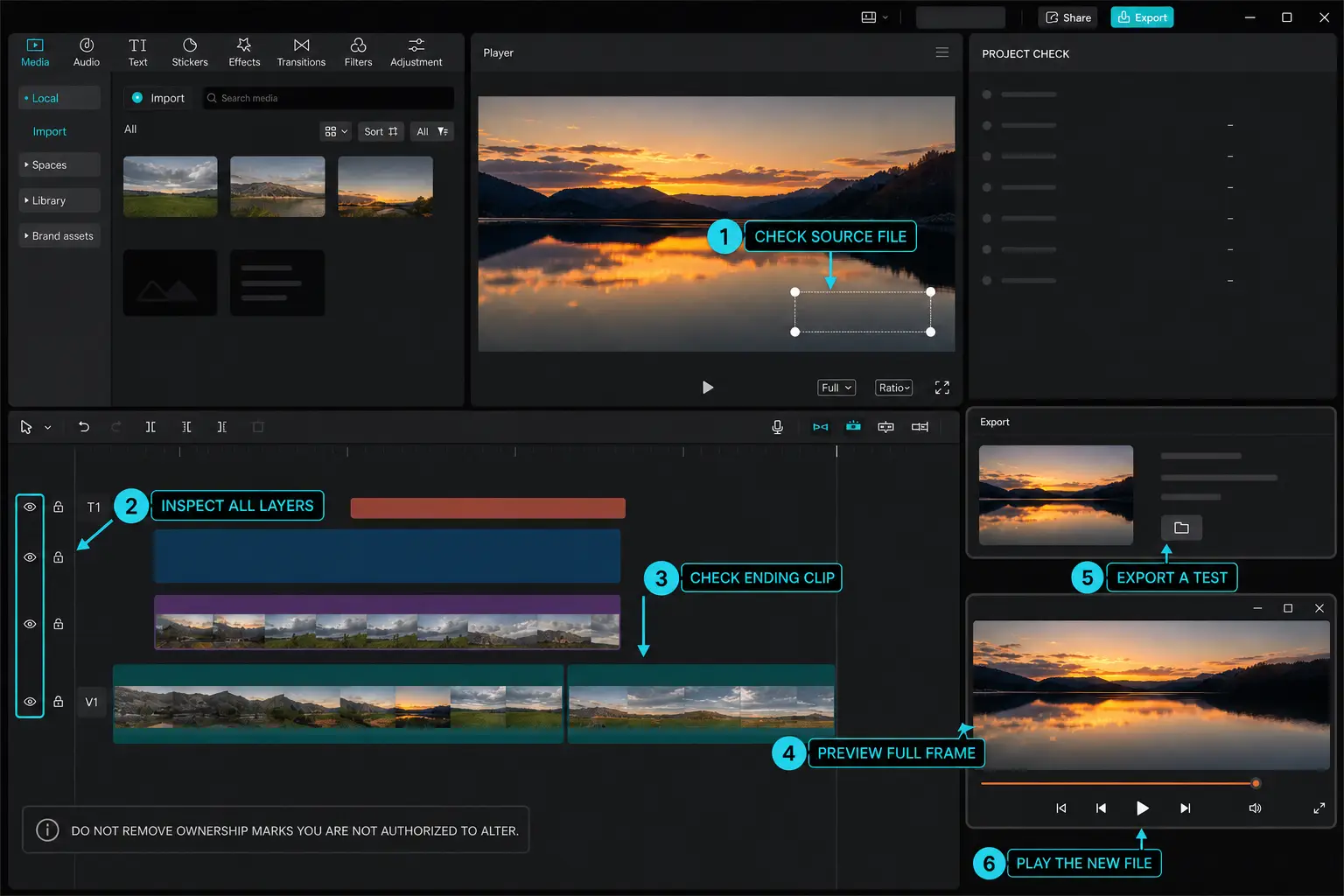 CapCut layer ending clip export and playback checks for a remaining mark