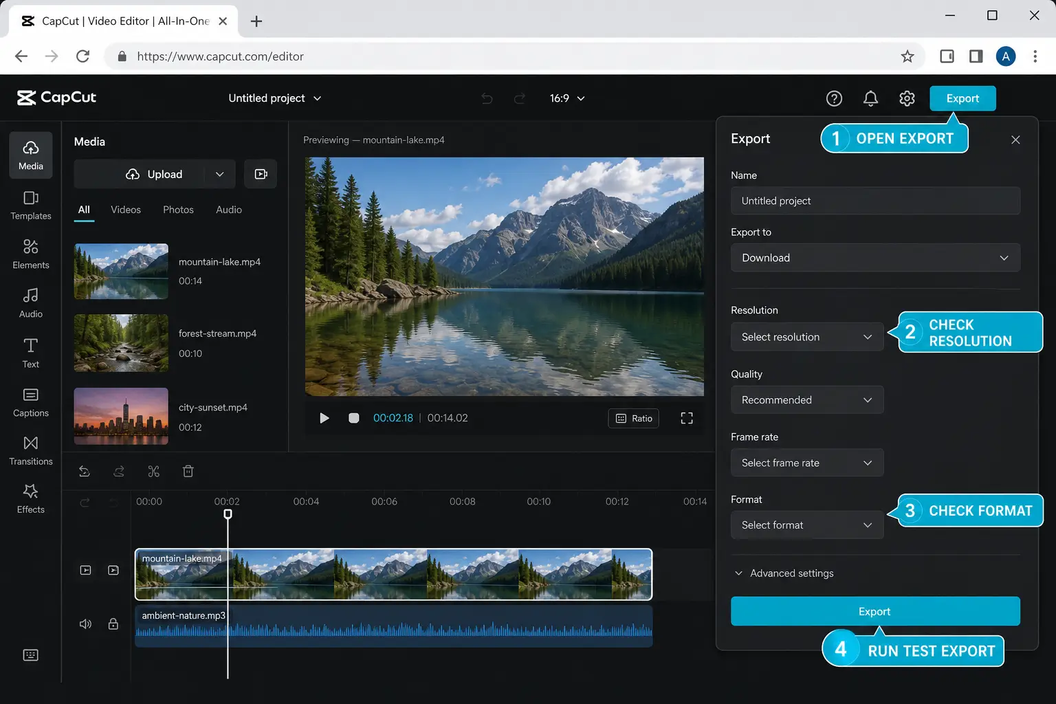 CapCut Web export panel with resolution format and test export checks
