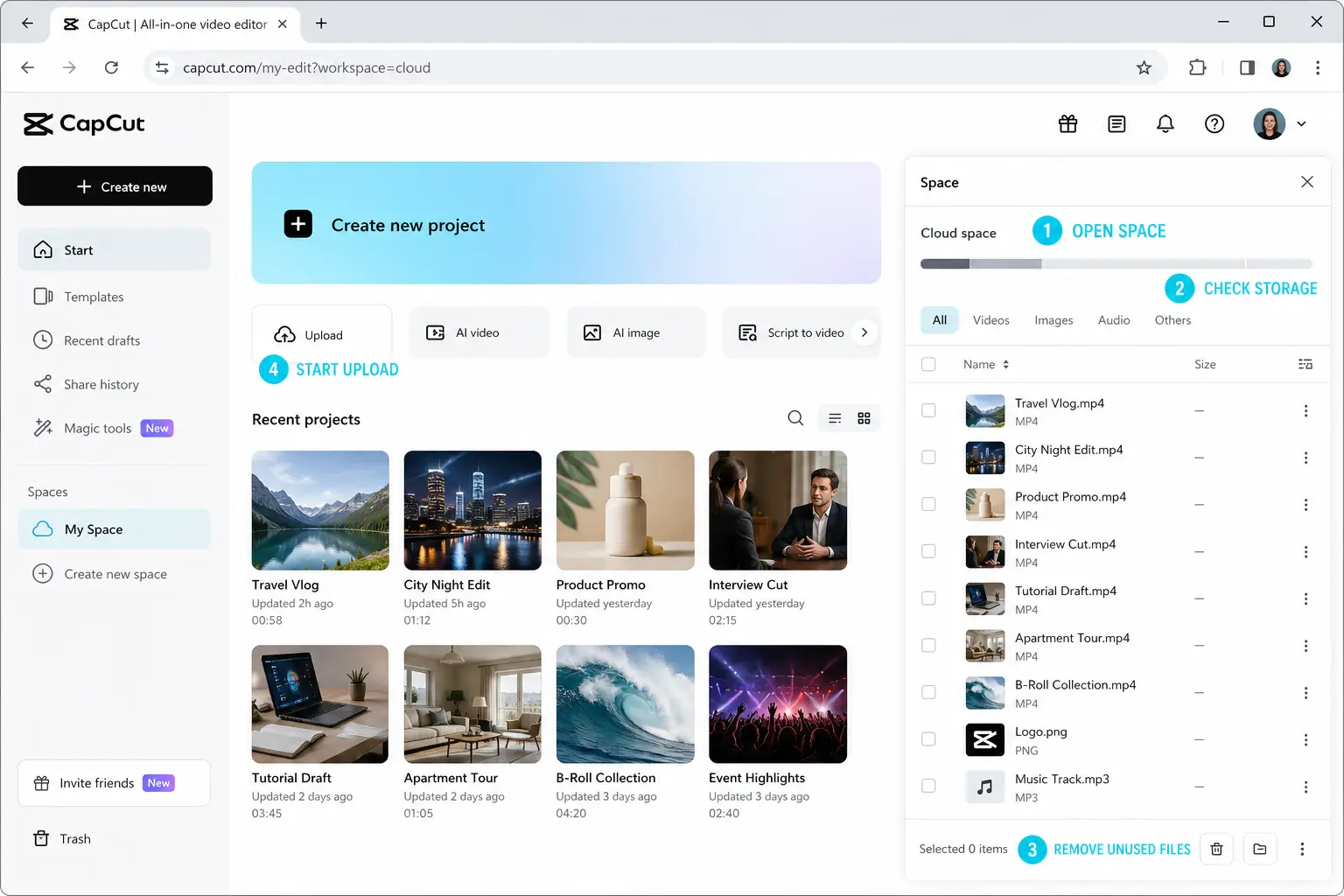 CapCut Web workspace for checking cloud storage and managing uploaded files