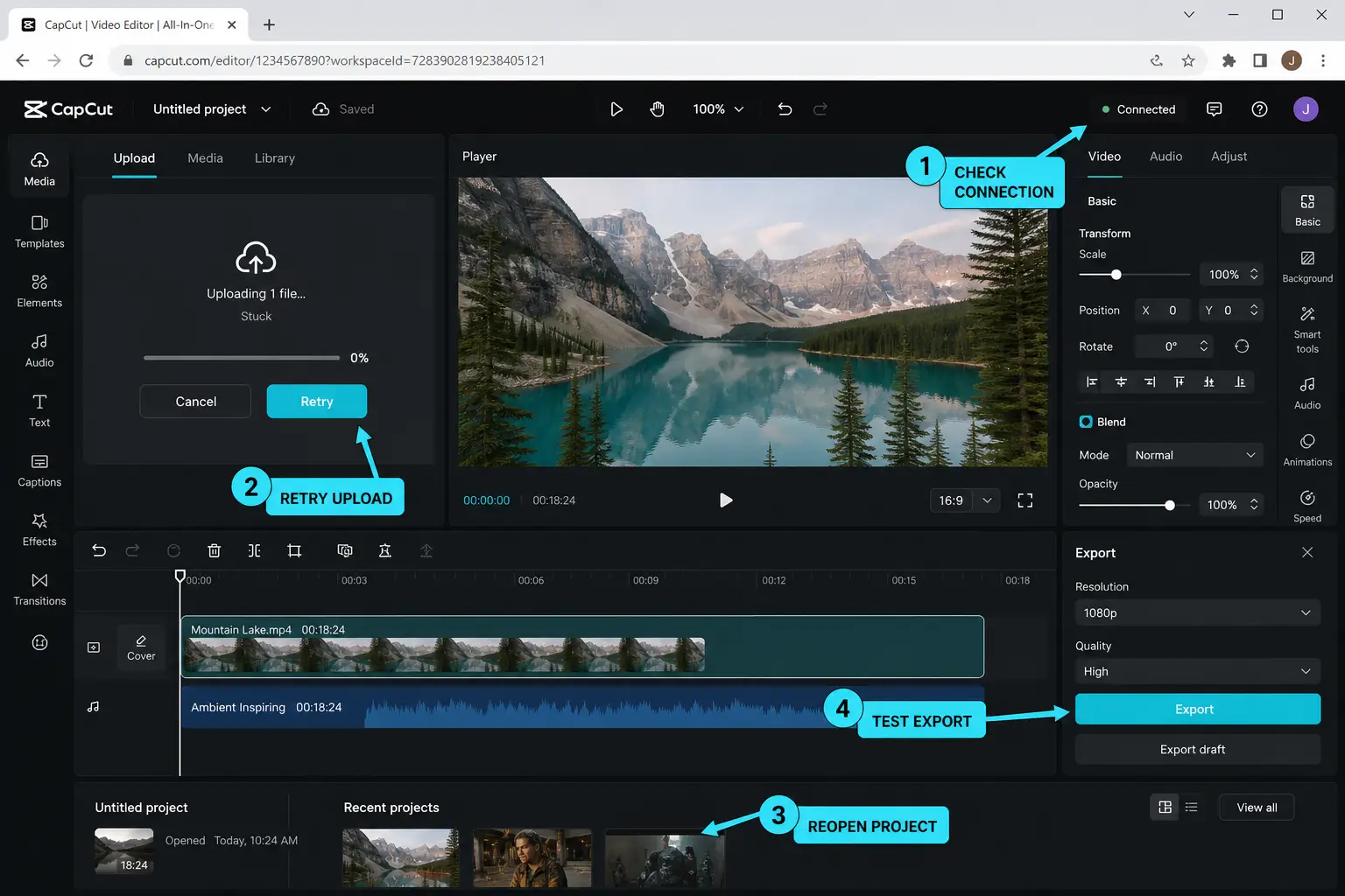 CapCut Web troubleshooting controls for connection upload project and export issues