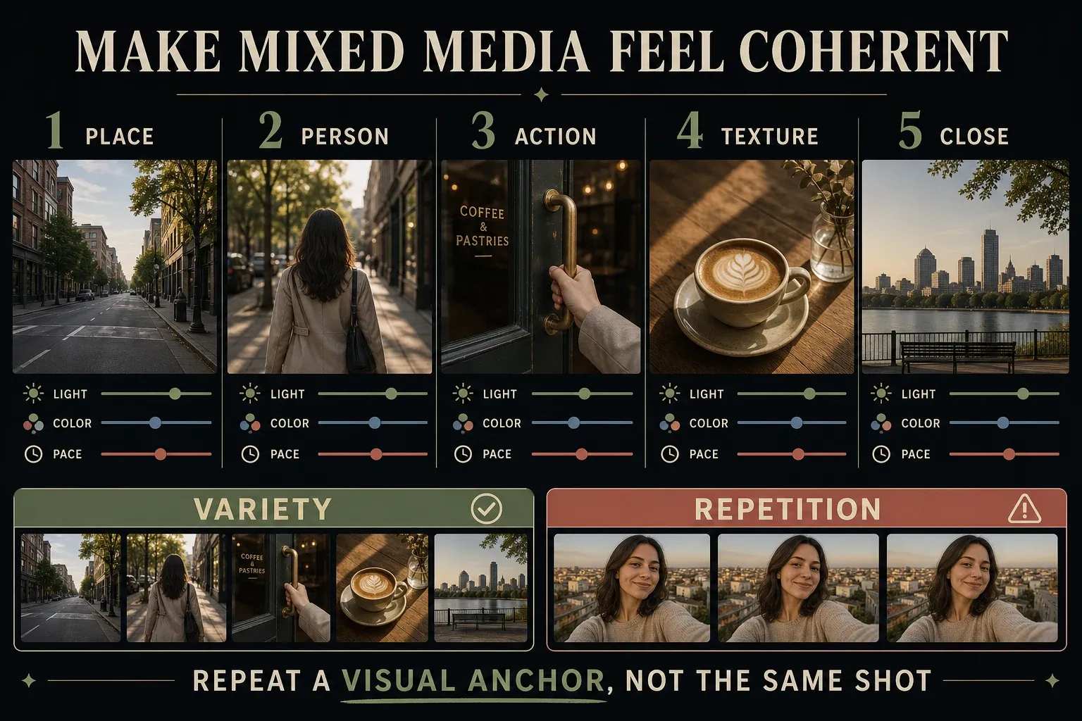 Five-shot aesthetic video storyboard using place, person, action, texture and closing frames with consistent light and color