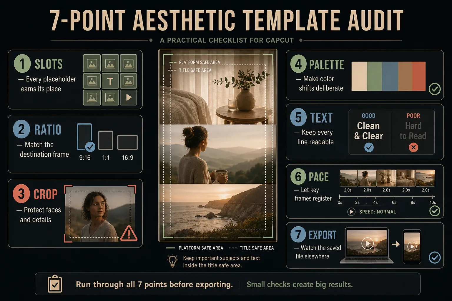 Aesthetic template fit audit checking slots, ratio, crop, palette, text, pace and exported playback