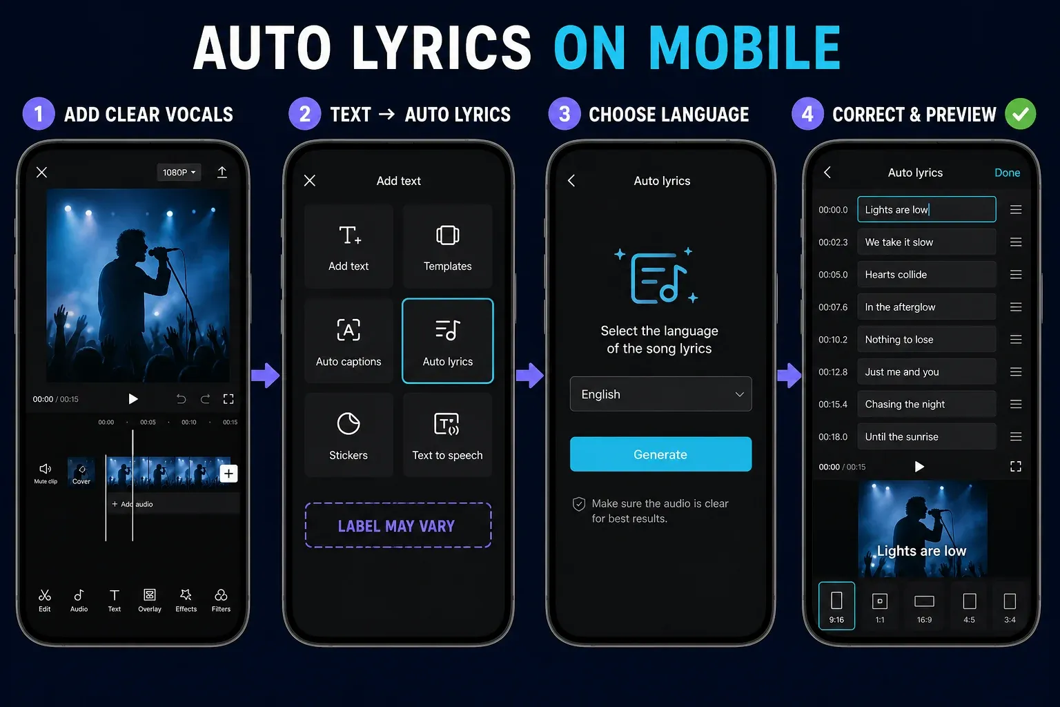 Four-step CapCut mobile Auto Lyrics workflow from clear vocals to corrected lyric lines