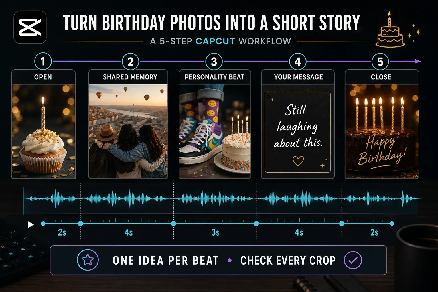Five-step birthday video storyboard from opener and shared memory to personal message and closing frame