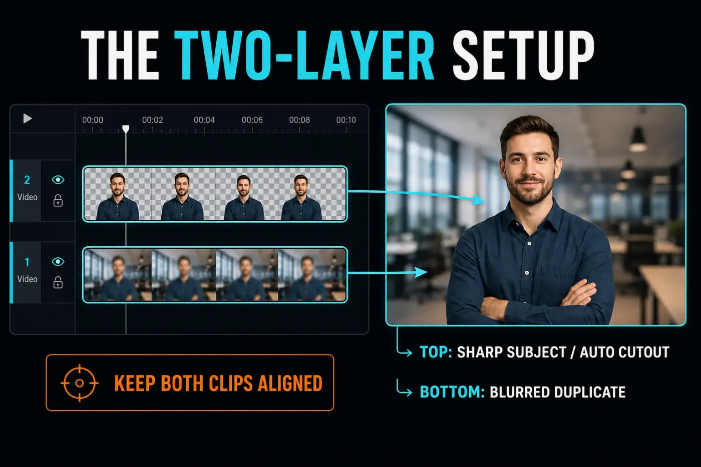 CapCut two-layer setup with a sharp Auto Cutout subject above a blurred duplicate clip