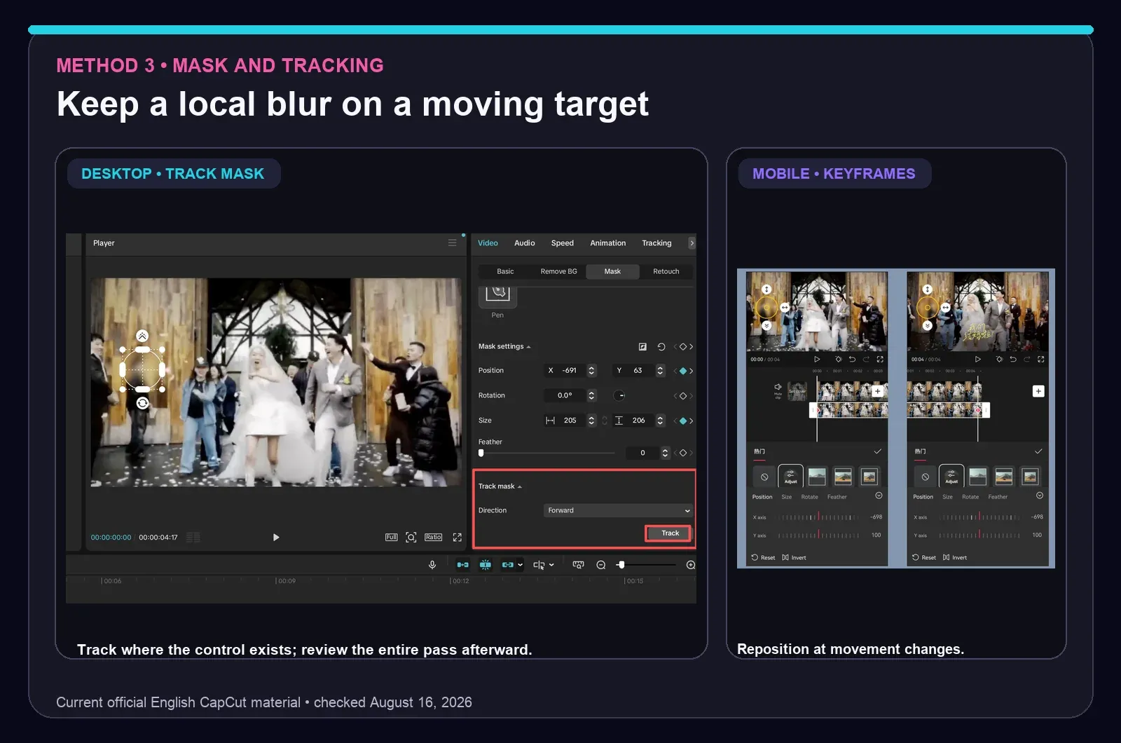 Current CapCut Desktop Track mask and Mobile keyframe controls for a moving local blur