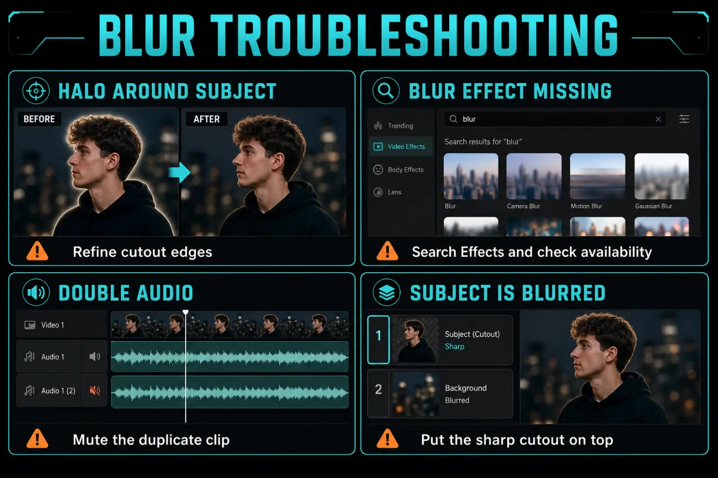 CapCut background blur fixes for edge halos, missing effects, double audio, and incorrect layer order