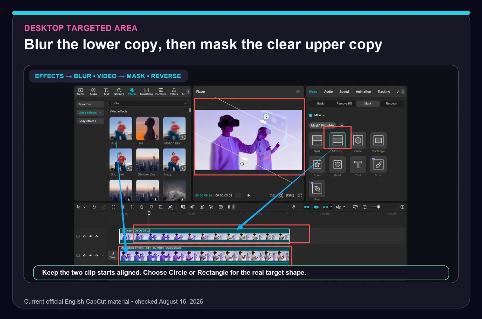Current CapCut Desktop Effects Blur and Video Mask Reverse controls for one local area