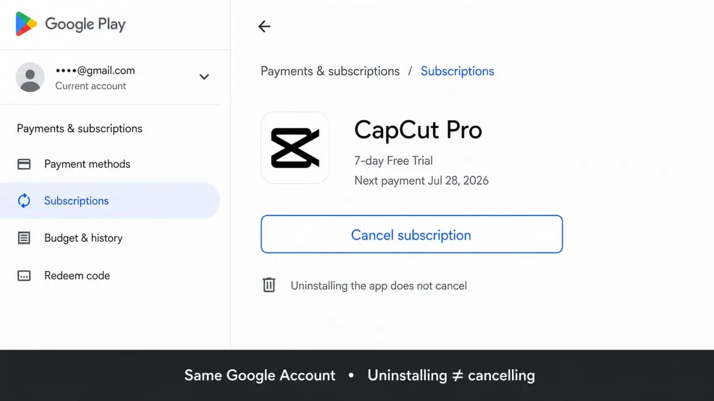 Google Play Subscriptions screen with the CapCut Pro cancel control