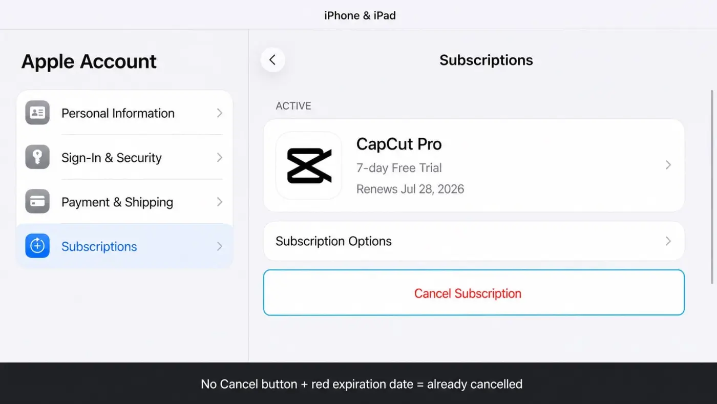 Apple Account Subscriptions screen for cancelling CapCut Pro on iPhone