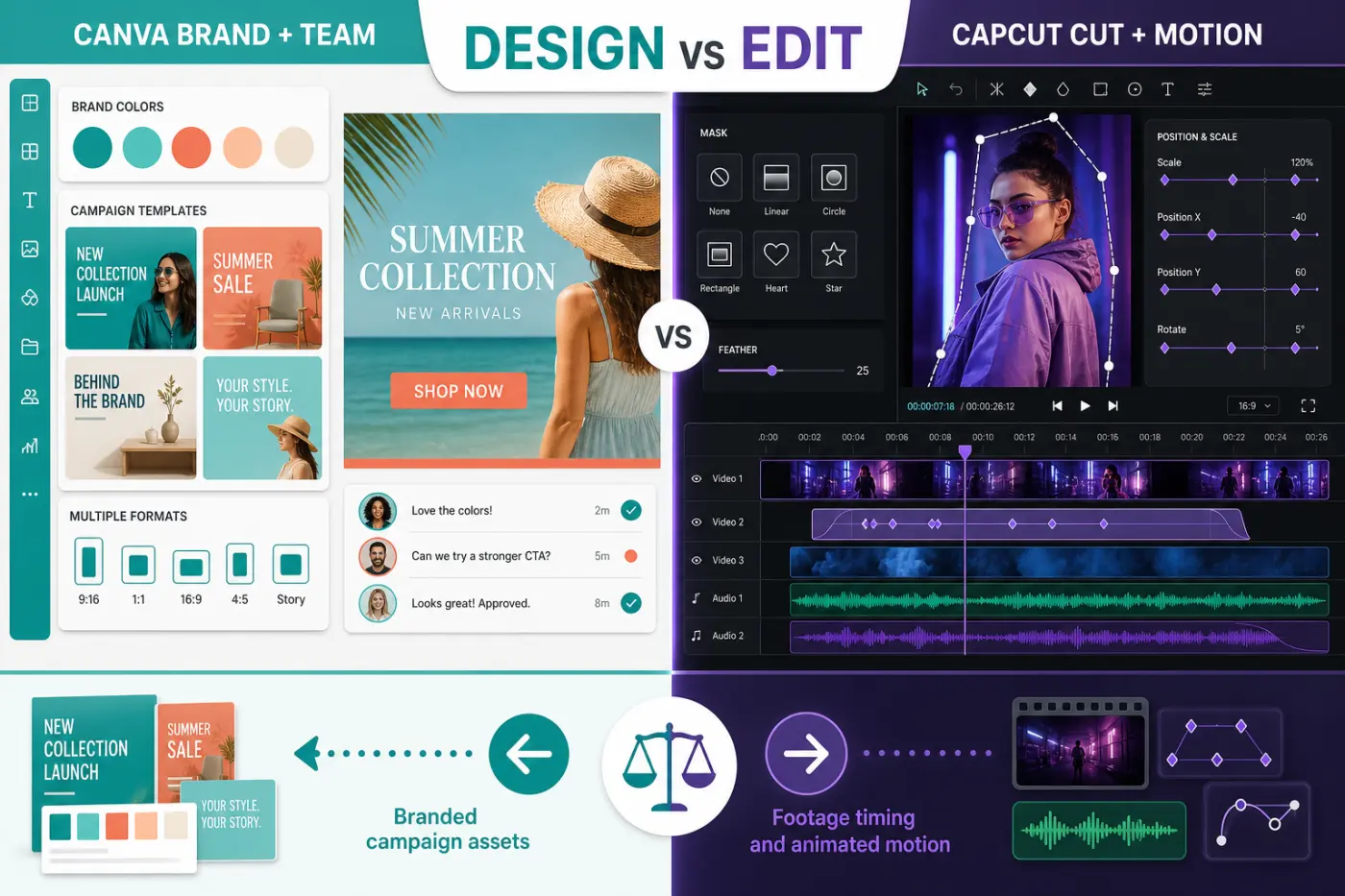 Canva brand and team workflow compared with CapCut cutting motion and creator editing