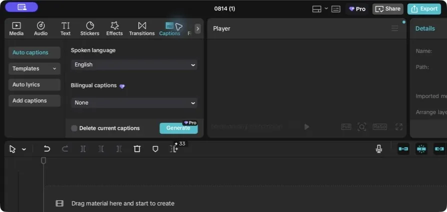 CapCut 9.2 Desktop Auto captions panel with English and bilingual caption controls