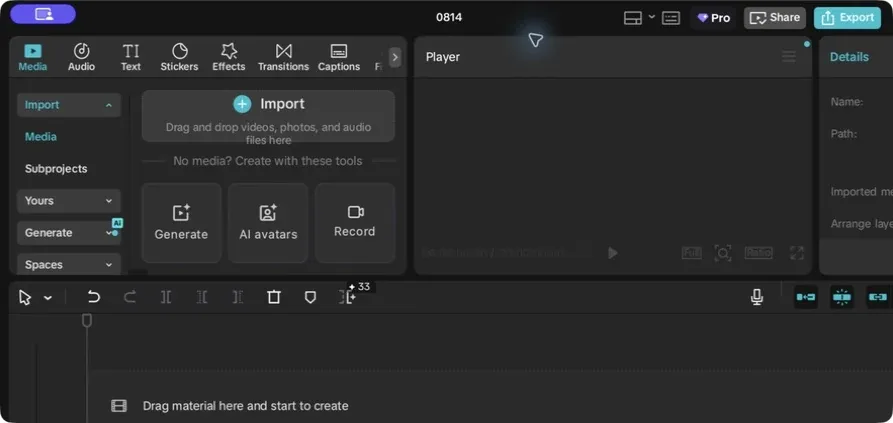 Blank CapCut 9.2 Desktop project with empty media bin, player and timeline