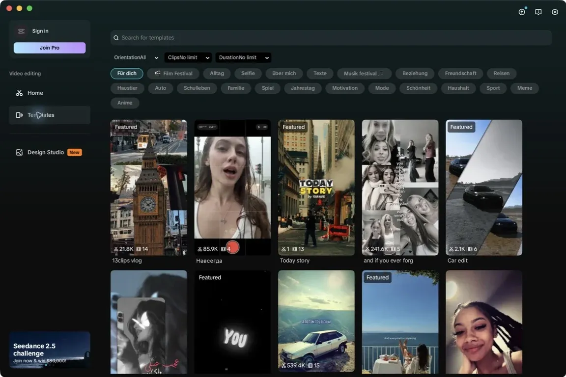 CapCut 9.2 Desktop searchable Templates catalog with orientation, clips and duration filters