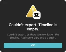 CapCut 9.2 export warning that an empty timeline can't be exported