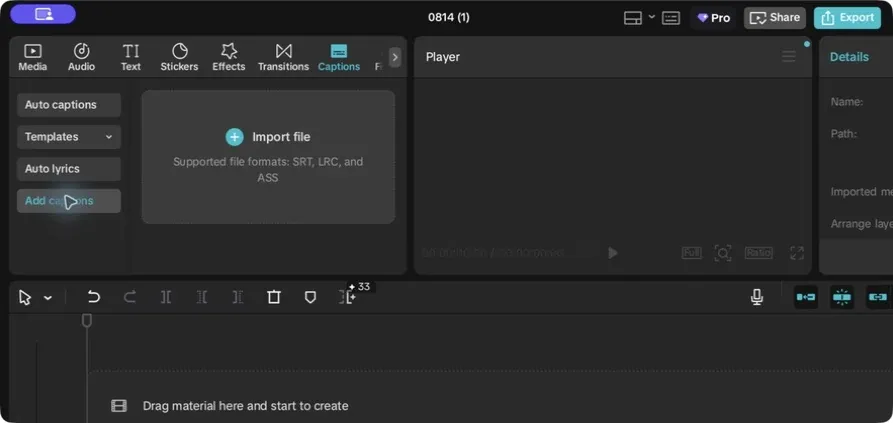 CapCut 9.2 Desktop Add captions panel listing SRT, LRC and ASS import formats