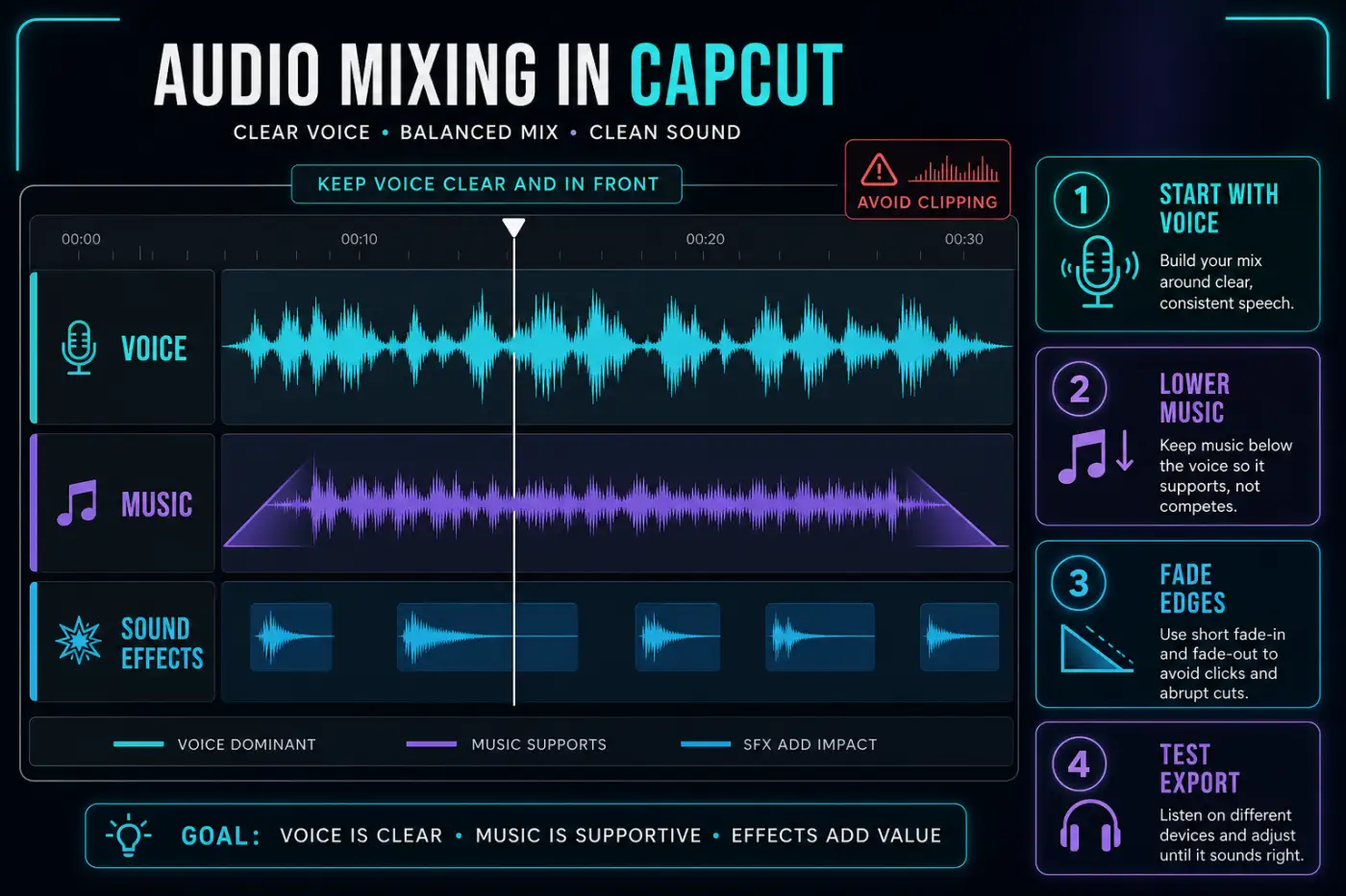 CapCut audio mix with voice, lower background music, sound effects, fades and clipping check