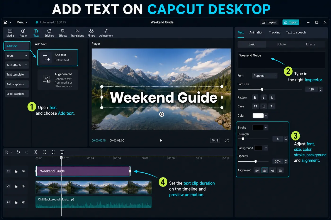 CapCut Desktop text panel, Inspector, preview and text timeline layer